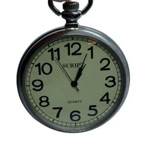 Script Brand Vintage Silver Tone Open Face Retro Pocket Watch *FRESH BATTERY*